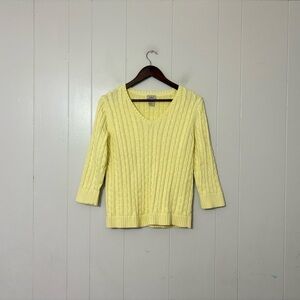 L.L.Bean Cable Knit Sweater Yellow Cotton V Neck 3/4 Sleeve Womens M
